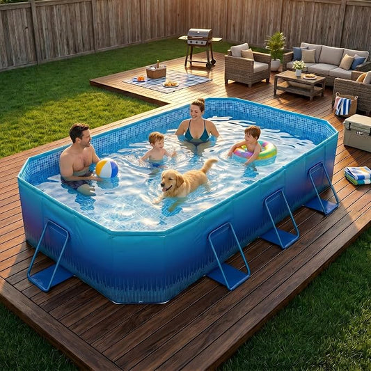116" Foldable Pool for Kids & Adults,Blue | Non-Inflatable, Metal Frame, Thick PVC Collapsible, Swimming Pool for Kids Family Dogs,Outdoor Summer