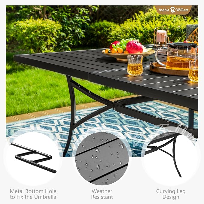 Sophia & William Patio Dining Set for 8, Metal Table & Black Folding Chairs | Light-weight & space-saving, Breathable & quick-drying, 8 person, Umbrella Hole, Weather-Resistant, Adjustable, Outdoor