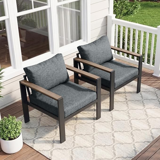 Outdoor Patio Furniture Set 2 Pieces Armchair with Washable Thick Cushions, Luxury Aluminum Patio Furniture Chair Modern Outside Sectional Set for Porch, Balcony, Deck, Yard, Gray
