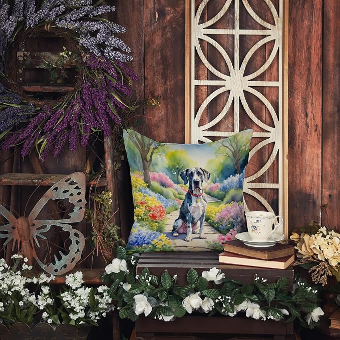 Caroline's Treasures Great Dane Spring Path Throw Pillow Machine Washable, Indoor Outdoor Decorative Pillow for Couch, Bed or Patio, 14Hx14W