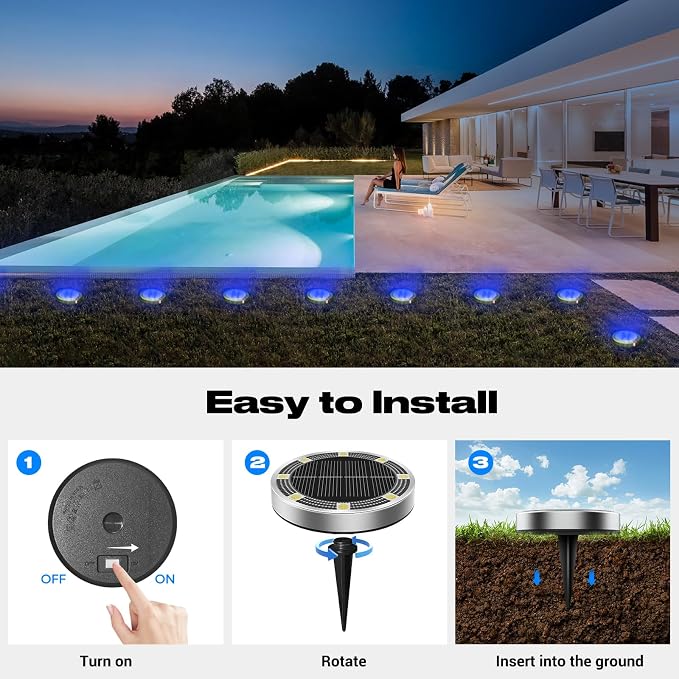 Solar Ground Lights Outdoor, 12 Pack Flat Solar Powered Disc Lights, IP68 Waterproof, Anti-Rust, Landscape Lighting for Pathway Garden Yard Lawn Walkway Landscape Driveway, Blue