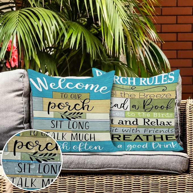 Coastal Striped Outdoor Pillow Covers Waterproof 18x18 Set of 4 for Pati Furniture Welcome to Porch Pillow Covers