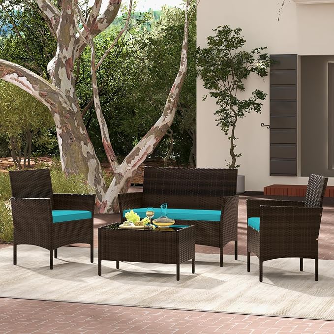 Tangkula 8 Piece Patio Rattan Conversation Set, Outdoor Wicker Furniture Set with Chair, Loveseat & Tempered Glass Table, Cozy Seat Cushions, Outside Sectional Sofa Set for Backyard (2,Turquoise)