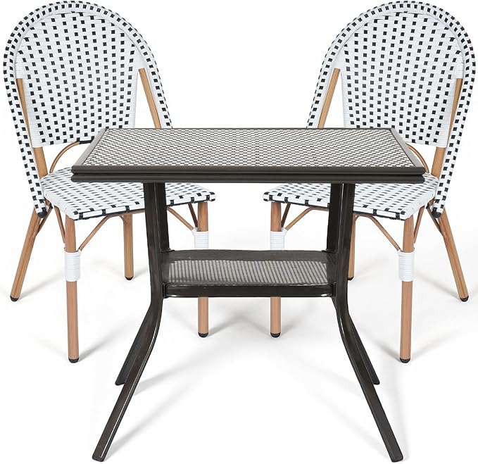 3-Piece Patio Dining Set, Outdoor French Country Bistro Table and Chairs, All-Weather Wicker Square Table & 2 Chairs w/Metal Frame, for Backyard Balcony, Black/White
