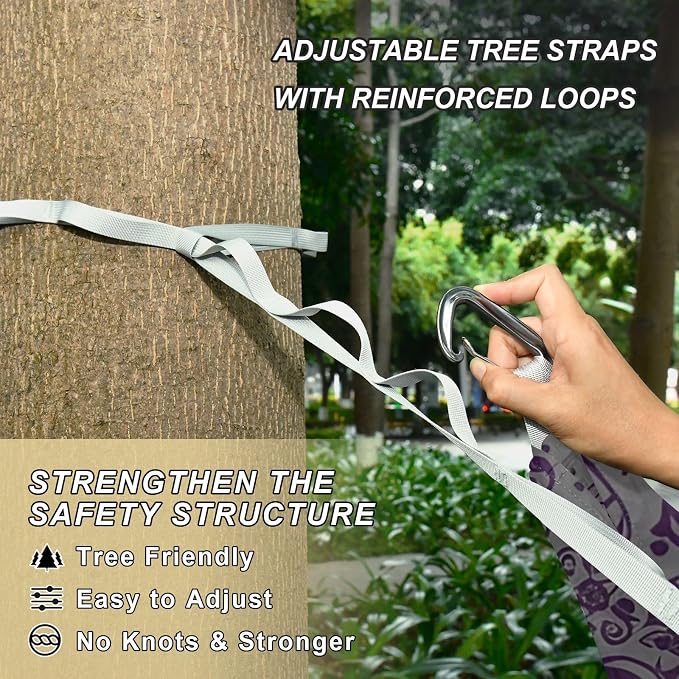 Grey Purple Pattern Camping Hammock, 330lbs Load Capacity, Comfortable Portable Hammock with Tree Straps for Outdoor, Backyard, Beac
