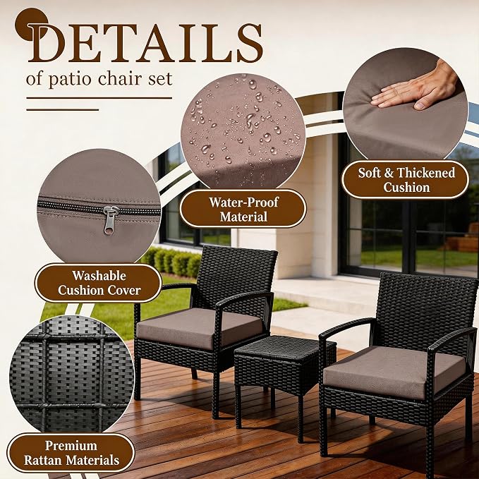 PROHIKER 3 PCS Patio Rattan Conversation Bistro Chairs Set, Outdoor Patio Furniture Wicker Bistro Set with Coffee Table for Garden Porch Balcony Yard Lawn, Brown