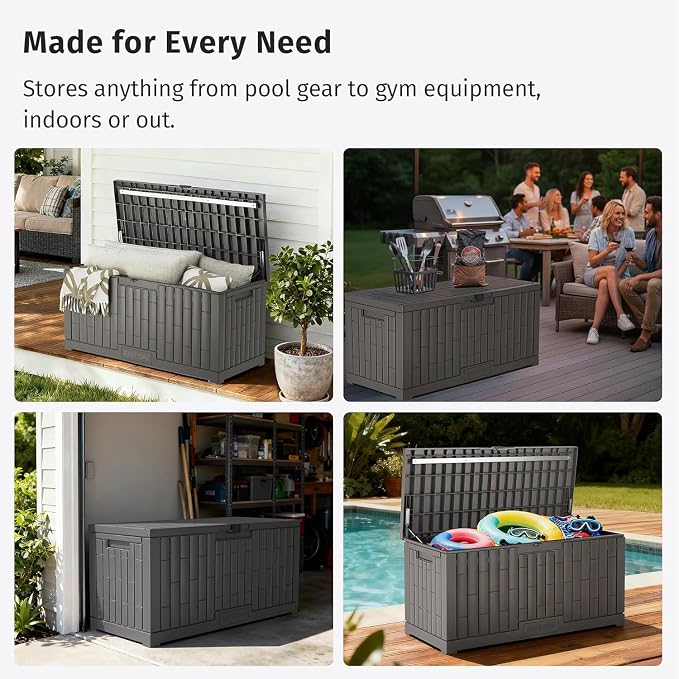 EAST OAK 120 Gallon Outdoor Storage Box | Large Resin Deck Box with Reinforced Stainless Steel Support | Waterproof & UV-Resistant Patio Storage Box for Cushions, Garden Tools & Pool Accessories, Grey