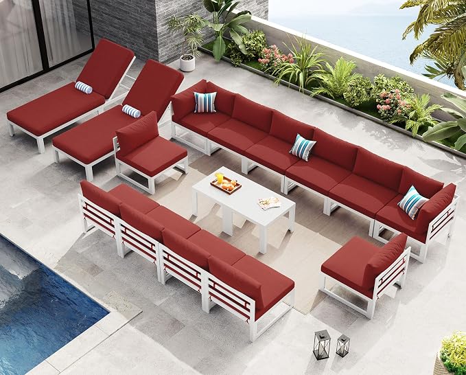 NICESOUL 16 Piece Modern Aluminum Outdoor Patio Furniture Set with Chaise & Coffee Table, Extra Large All-Weather Modular Sectional Couch, 29" Wide Deep Seating Conversation Sofa for Poolside, Red