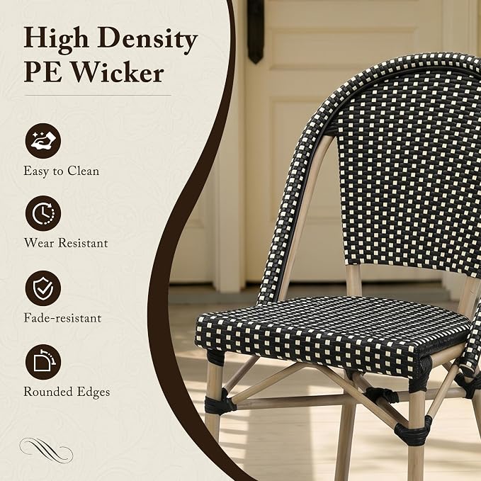 PURPLE LEAF 5-Piece French Bistro Dining Set Square Outdoor Patio Table and 4 Armless Chairs Tempered Glass Top PE Rattan Champagne Print Finish Aluminum Frame Black