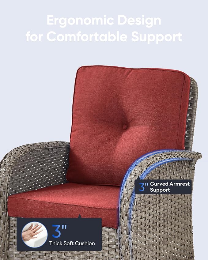 5 Pieces Outdoor Wicker Patio Furniture Set-High Back Outdoor Rocking Chairs Set of 2 with Ottoman Patio Conversation Sets for Deck Lawn Porch Balcony Poolside-Grey/Red