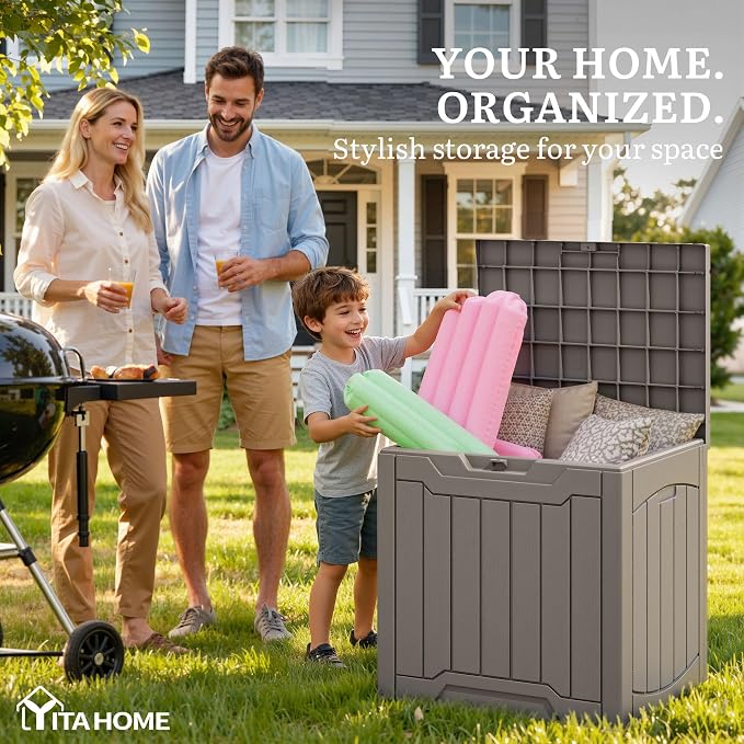 YITAHOME 31 Gallon Deck Boxes Set of 4, Lockable Outdoor Storage Bins for Patio Cushions, Garden Tools, Weather-Resistant Resin Storage Solution, Taupe