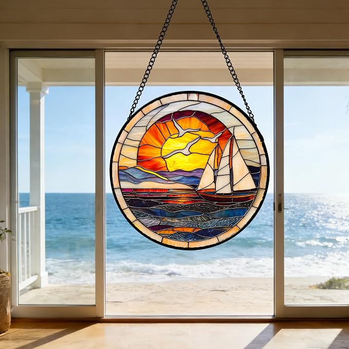 DASTOLL Stained Glass Window Hanging, Sun Ocean Sailboat Seagull Abstract Suncatcher Diamond Glass Panel Sun Catchers Decor for Birthday for Women, Men, Wife, Aunt, and Mom 14.9x14.9 in