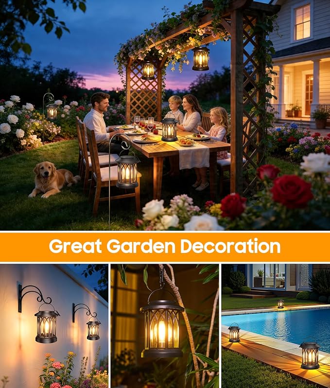 Solar Lanterns Outdoor Waterproof, Upgraded Hanging Solar Lights | Bright LED Lighting, Metal Wall Mount Kit, IP65 Waterproof, Over 12Hrs Glow for Fence, Yard, Patio, Garden Decor, Warm White