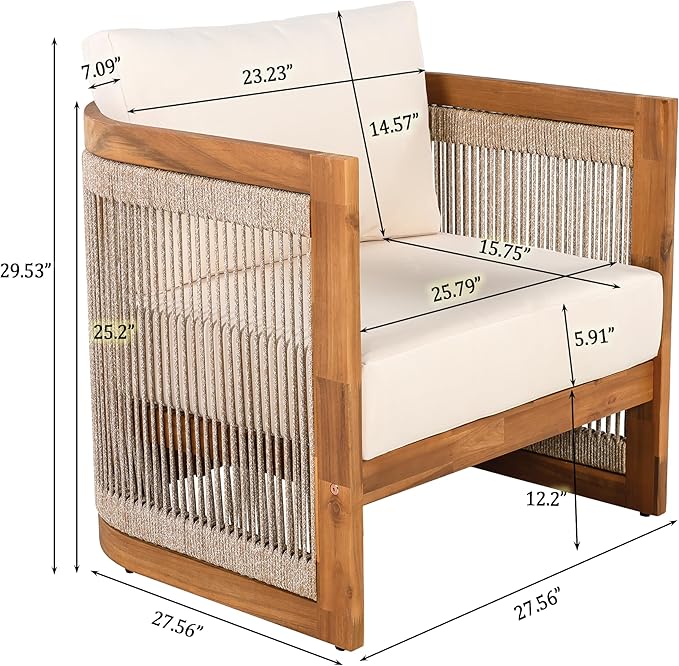 JIVOIT Acacia Wood Outdoor Furniture Set, 4-Piece Patio Seating Group with 2 Chairs, Loveseat & Coffee Table, Curved Tub Design with Woven Rope Accents, Water-Resistant Cushions (Beige,Teak//51)