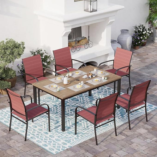 SUNSHINE VALLEY 7 Piece Outdoor Dining Set, Rectangular Wood-Like Table with Umbrella Hole, Patio Dining Set for Outdoor Kitchen Lawn Garden, Backyard, Deck