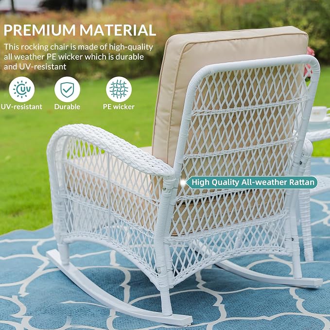 MEETWARM 4 Pieces Outdoor Wicker Patio Conversation Sets with Glider Loveseat, 2 Chairs with Coffee Table Wicker Rocking Chair Set, Patio Furniture Set with Thickened Cushions, White/Beige