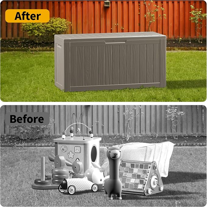 Outdoor Storage Box, 80 Gallon Resin Deck Box Waterproof for Patio Furniture, Garden Tools and Pool Accessories, Lockable UV-Resistant Storage Bin Bench Cabinet for Outside, Gray