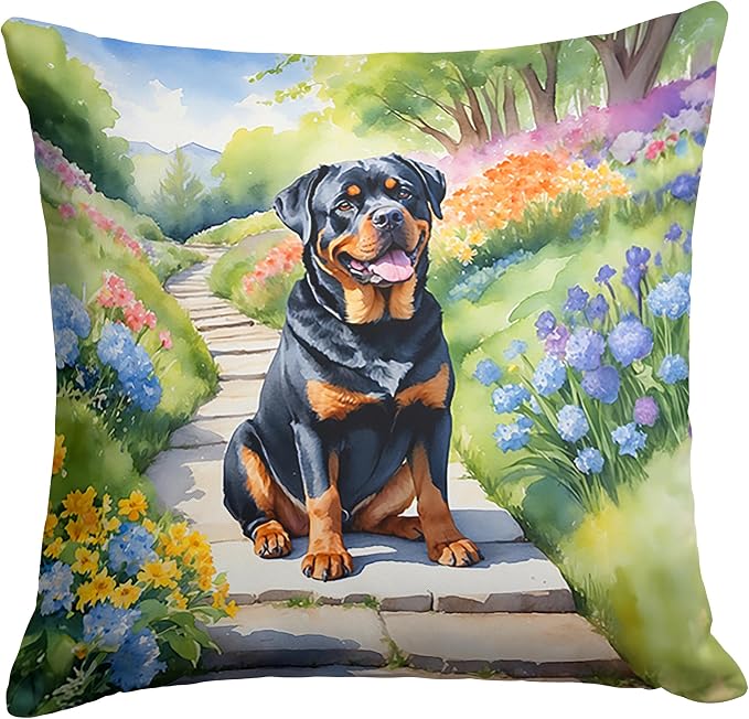Caroline's Treasures Rottweiler Spring Path Throw Pillow Machine Washable, Indoor Outdoor Decorative Pillow for Couch, Bed or Patio, 18Hx18W