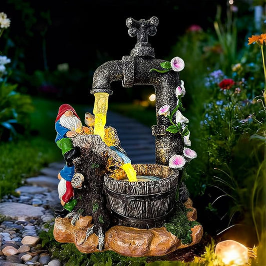 Solar Garden Gnomes Statues Outdoor Yard Decorations, 10" Resin Fountain Gnome Outside Christmas Art Decor for Lawn Patio Porch Backyard,Unique Housewarming Gifts for Women Mom Grandma