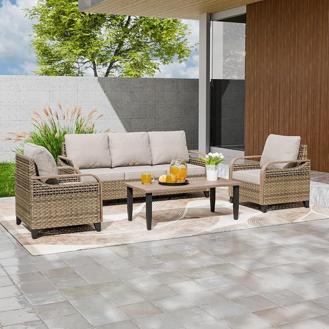 EAGLE PEAK Modern Wicker Outdoor Patio Furniture Set, Patio Conversation Set, 2 Chairs, 3-Seat Loveseat and Coffee Table, 4 Pieces, Brown/Gray