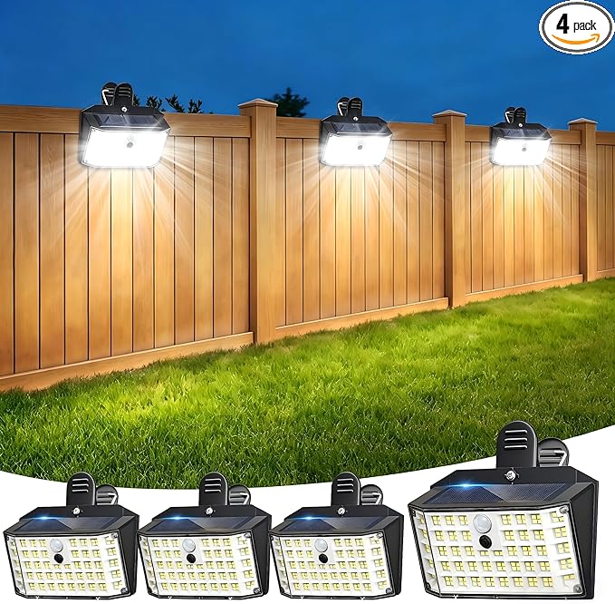 Clip on Solar Lights Outdoor with Motion Sensor, 800LM 176LED Solar Fence Lights Outdoor Waterproof, 3 Modes & Portable Security Lights for Chain Link Patio Deck Yard Garage(4Pack)