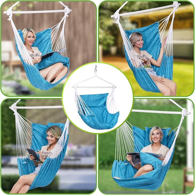 Backyard Expressions Hanging Hammock Chair Swing with Cushions & Hanging Kit – 500 lb Capacity, Cotton Blend Fabric, for Indoor/Outdoor Use – Includes Chain, Hooks & Spring – 5 Colors