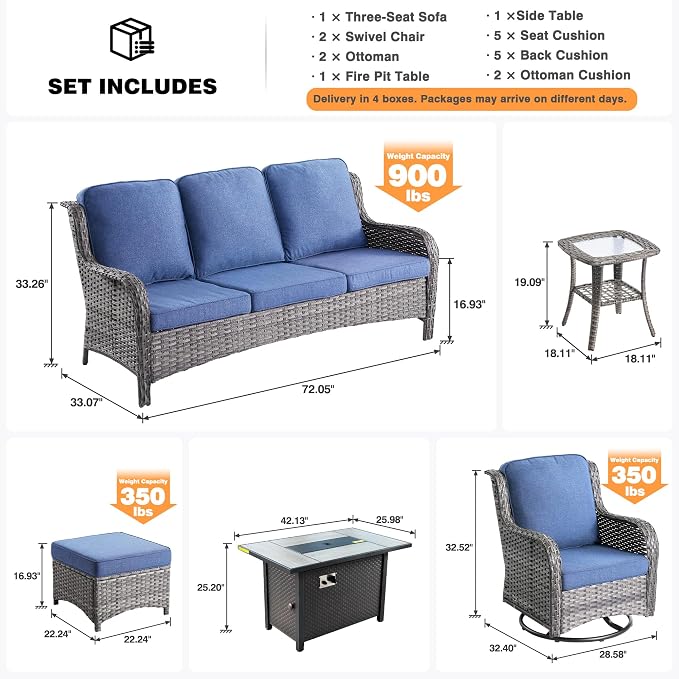 ovios 7 Pieces Patio Furniture Set with 42 inch Fire Pit Table, Outdoor Wicker Sofa Couch Swivel Rocking Glider Chairs, Modern Luxury Conversation Set, Grey Rattan, Denim Blue