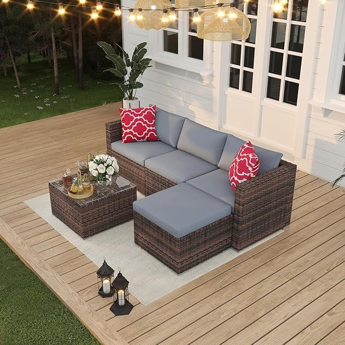 5-Piece Rattan Patio Set with Glass Table & Cushions for Porch, Garden, Backyard, Brown & Grey