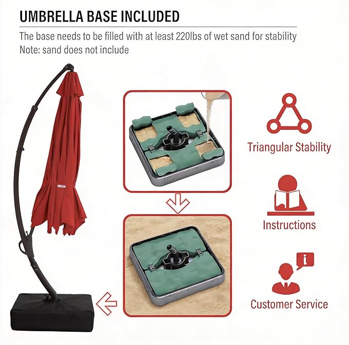 LAUSAINT HOME 12ft Patio Cantilever Umbrella with Base Included, Outdoor Curvy Round Offset Umbrella, Heavy Duty Aluminum, 360° Rotation for Pool, Deck, Lawn, Backyard (Red)