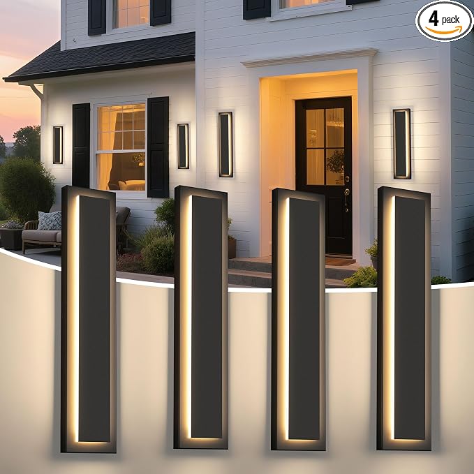 24 in Black Outdoor Wall Light,Exterior Light Porch Light, 4 Packs | Modern LED Outdoor Wall Sconce For House,Front Porch,Garage,Patio,Included LED 3000K Warm White 24W Light Bead,Waterproof