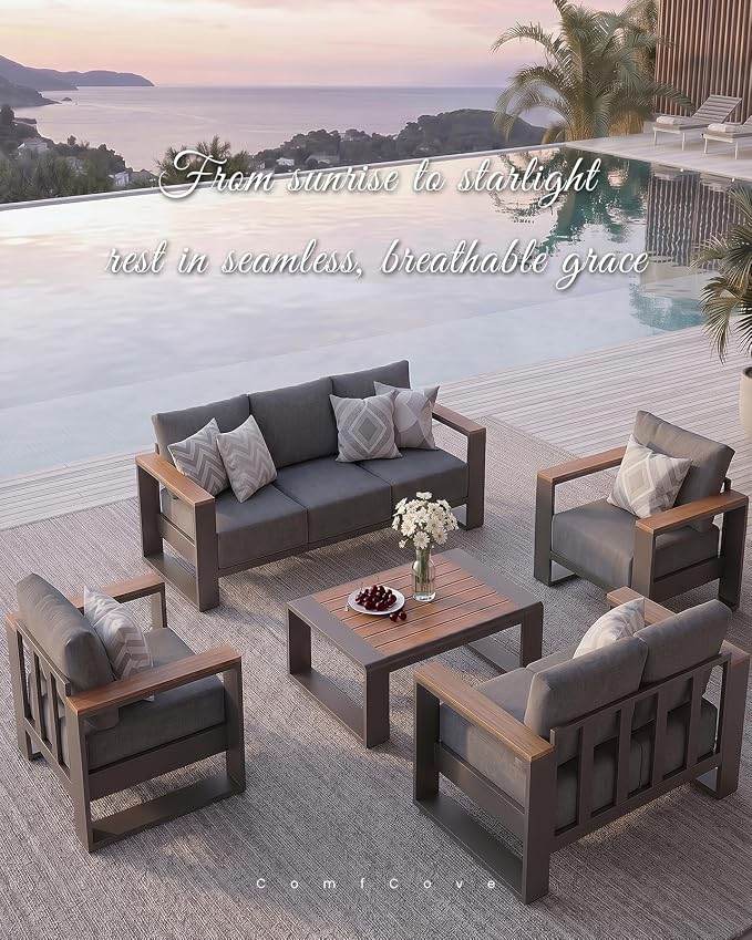 Oversized Aluminum Patio Furniture Set, 5 Pieces Luxury Outdoor Furniture Set with 7.1" Extra Thick Cushion, Modern Outdoor Sectional with Coffee Table for Porch, Garden and Deck, Graphite