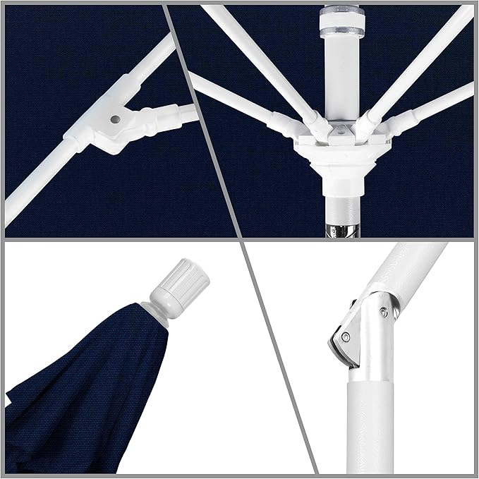 California Umbrella 11' Round Crank Lift, Collar Tilt, Aluminum Pole, Fiberglass Rib Patio Umbrella, White Finish, Navy Blue