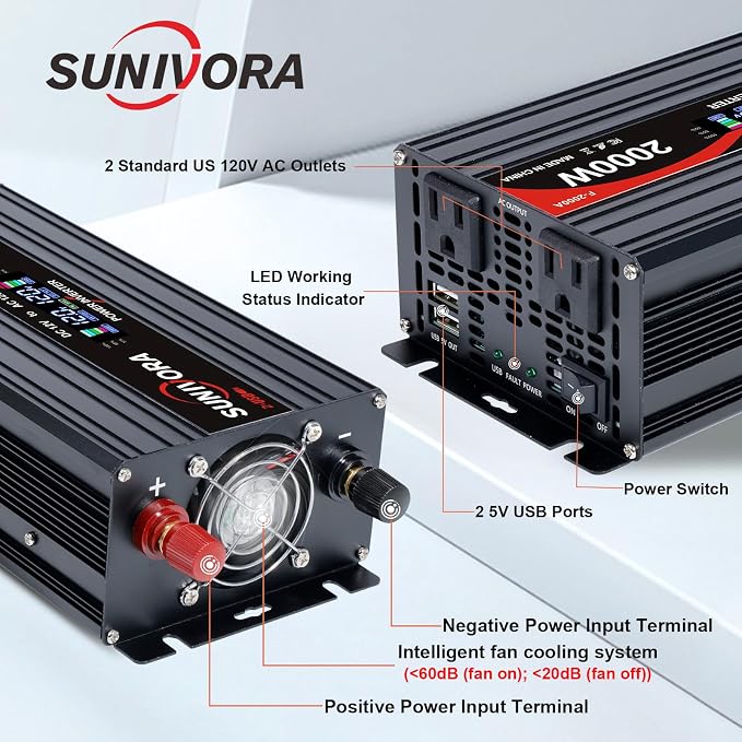 2000 Watt Power Inverter 12V DC to 110V/120V AC Converter 4000W Peak with LCD Display, 3 AC Outlets & 2 USB Ports Power Inverters for Vehicles Car Truck Boat RV Camping Solar System EPS