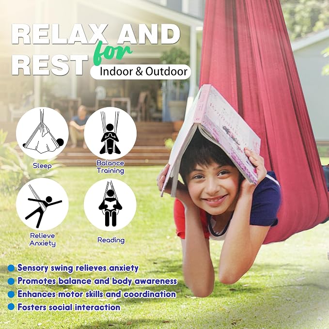 Indoor Therapy Sensory Swing, Special Needs Joy Cuddle Ceiling Snuggle Swings, Outdoor Room Adjustable Fabric Hammock, Sensory Integration, Autism, ADHD, Aspergers, Kids Boy Girl Children Teens Gift