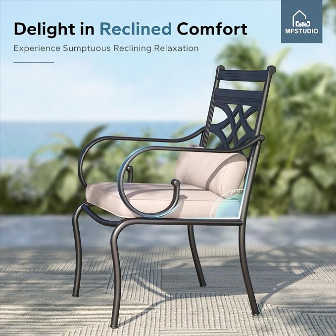 MFSTUDIO 9-Piece Patio Dining Set, 57.5" Square Metal Table, Fixed Chairs | Umbrella Hole, All-Weather Use