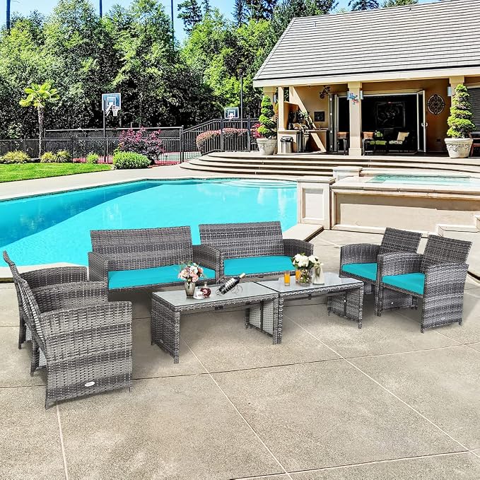 Outdoor Conversation Set, 8 Pieces Wicker Patio Furniture Set with Ergonomic Curved Design, Water-Resistant Cushion & Tempered Glass Table for Porch,Balcony(Turquoise)