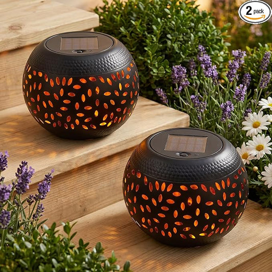 Solar Table Lights Outdoor Waterproof 2Pack Solar Flame Lantern | Dancing Flickering Flame Solar Lantern Decorative Metal Desktop Lamp for Gifts for Women Outside Garden Yard Patio & Indoor Tabletop