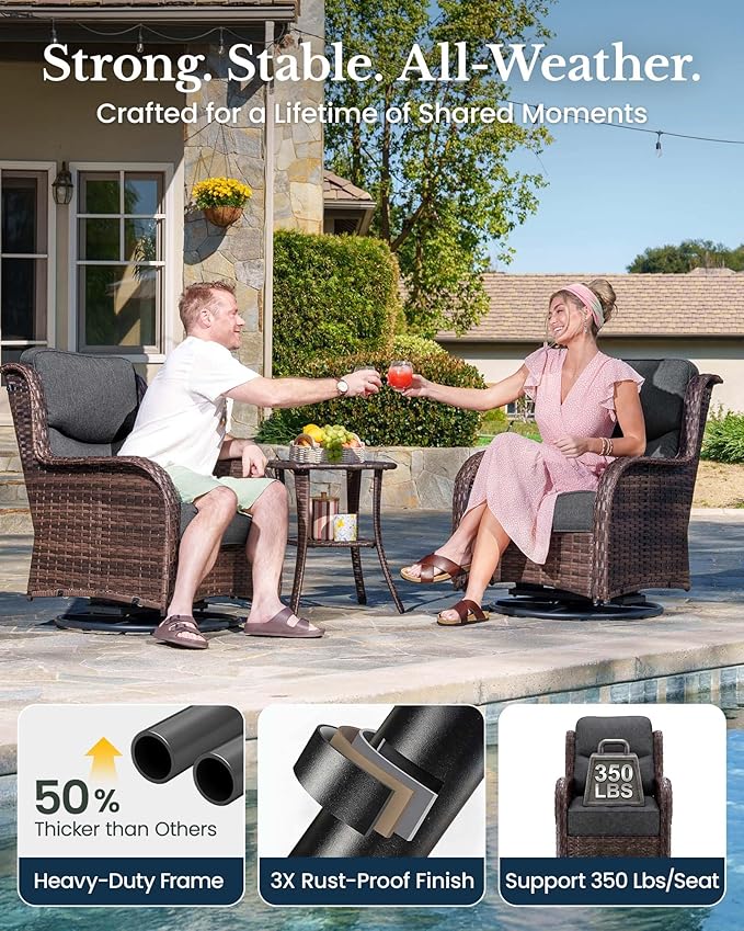 HILLGA 6-Piece Luxury Patio Furniture Set with 6" Thick Cushions, Weather-Resistant Wicker High Back Swivel Rocker Chairs, Senior-Friendly Conversation Set for Small Porch, Deck and Sunroom, Gray(V2)