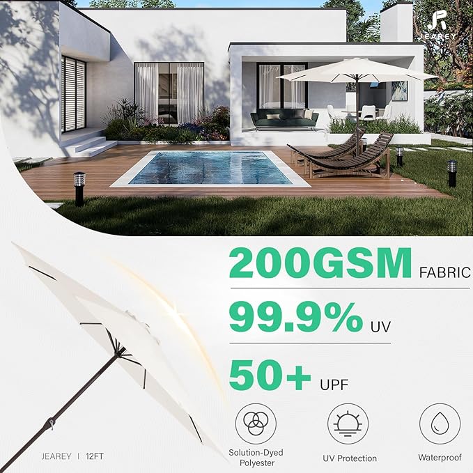 JEAREY 12' Patio Umbrellas Outdoor Table Market Umbrella w/Crank, 8 Sturdy Ribs, UV Protection Windproof for Garden, Deck, Backyard (Off-White)