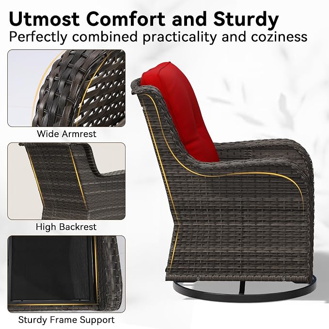 4 Piece Outdoor Swivel Rocker Patio Chairs Set, Patio Chairs Set of 4 with Thickened Olefin Cushions, High Back and Deep Seating, Hand-Woven PE Rattan for Porch, Deck, Red
