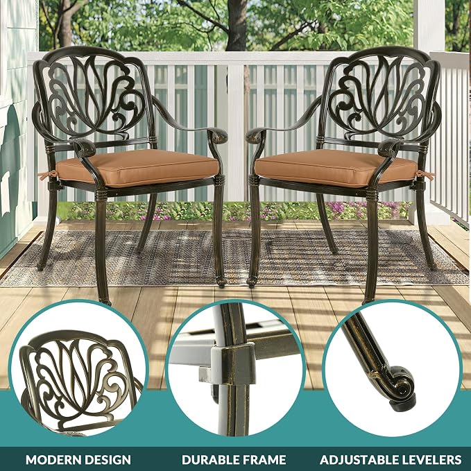 MEETWARM 9-Piece Outdoor Patio Dining Set for 8, All Weather Cast Aluminum Patio Funiture Table and Chairs Set- 94.5” Rectangular Table with 2" Umbrella Hole and 8 Cushioned Chairs for Garden, Khaki