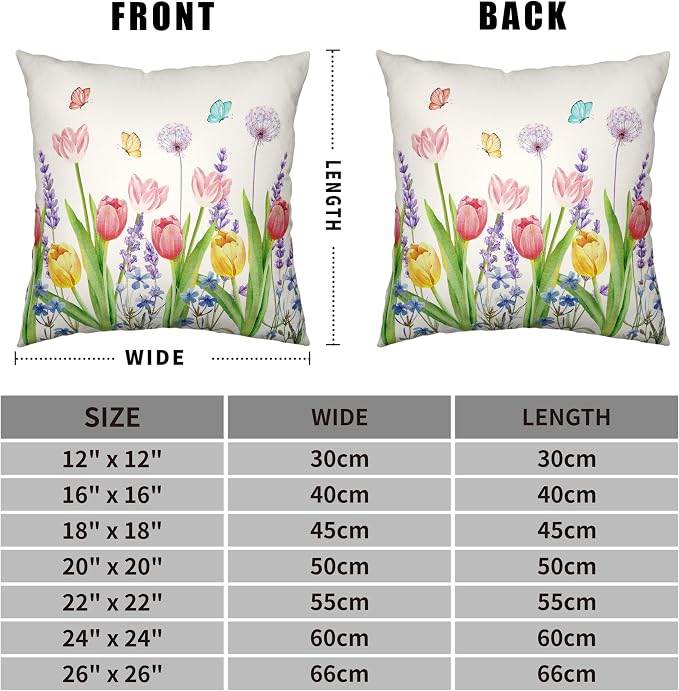 Summer Floral Throw Pillows Cover 18x18 Set of 2 Pink Tulip Flower Pillow Covers Lavender Dandelion Butterfly Decorative Pillow Case for Farmhouse Patio Sofa Couch