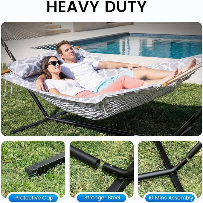 ANAGOO Double Hammock with Stand – Portable Cotton Rope Hammock with Removable Quilted Pad & Pillow, Adjustable Steel Frame for Patio, Backyard, Garden, Park, Camping & Outdoor Relaxation – White Gray