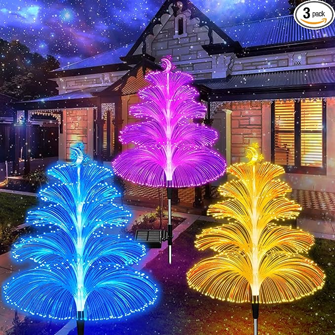 WEITEXS Solar Garden Lights Decorations Outdoor Waterproof 5 Layer Optical Fiber 7 Color Changing for Yard Pathway Outside Decorative Gifts for Mother's Women, 3 Pack