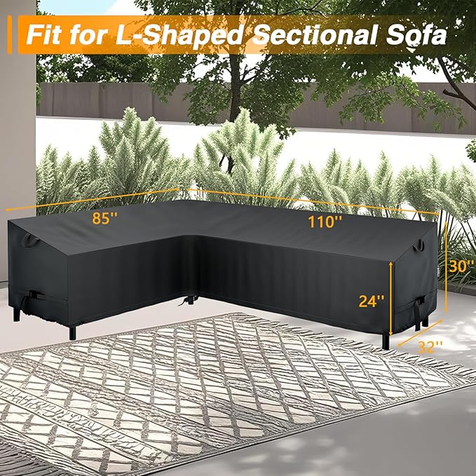 EVRBUL L-Shaped Sectional Sofa Cover 85" L/110" L x 33.5" D x 31" H 420D Heavy Duty Windproof and Waterproof Outdoor Sectional Couch Cover for 6-Seater Patio Furniture Couch