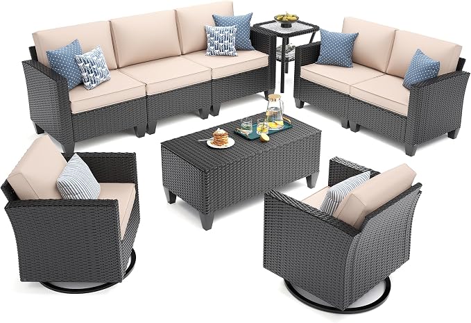 UDPATIO Patio Furniture Set, 6 Pieces Outdoor Furniture Sets with Rocking Swivel Chairs, Wicker Rattan Outdoor Conversation Set with Storage Table and Waterproof Covers for Backyard, Deck, Porch, Khak