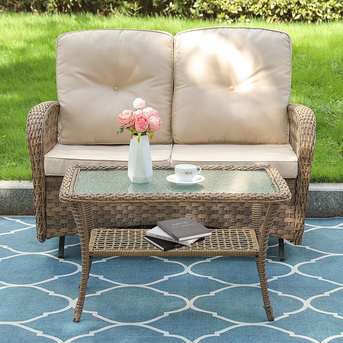 VIVIJASON 2-Piece Patio Wicker Loveseat Glider Set Cushioned, Outdoor Conversation Furniture Sets with 2-Seater Glider Rocking Bench, Coffee Table and Cushions for Porch Garden Poolside, Light Brown