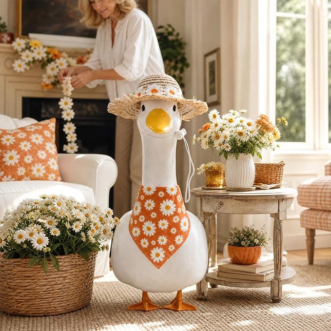 Summer Floral Porch Goose Outfit - 2Pcs Cute Orange Daisy Flower Clothes with Straw Hat & Bandana Bib, Garden Lawn Decoration for 23 Inch Cement/Plastic Statue