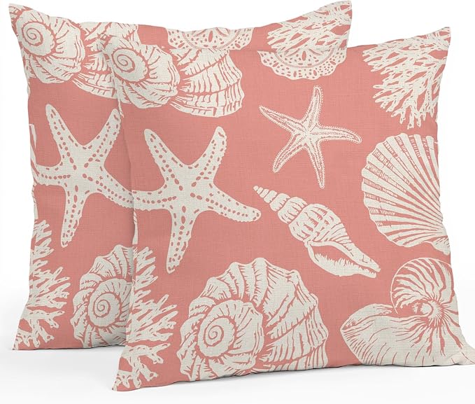 Waterproof Pillow Covers Set of 2 24x24 Inch Ocean Coastal Outdoor Cushion Covers Shells Starfish Conch Coral Red Linen Decorative Pillow Cases for Patio, Sofa, Couch, Garden, Balcony