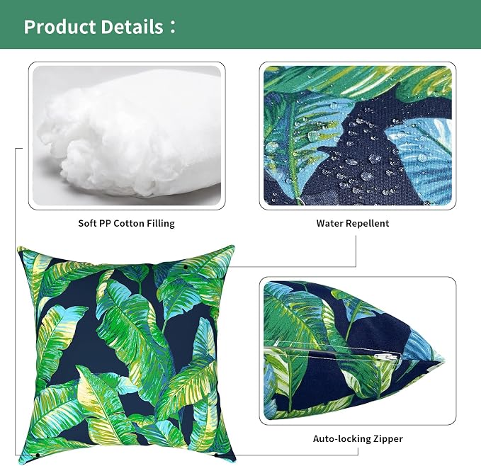 Outdoor Pillows for Patio Furniture 20x20 inch, Square Outdoor Throw Pillows with Inserts, Decorative Patio Pillows for Garden Couch Home Sofa Office Chair, Pack of 2, Hanalei Lagoon